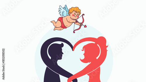 Cupid Shoots Arrow at Couple Forming Heart Shape.