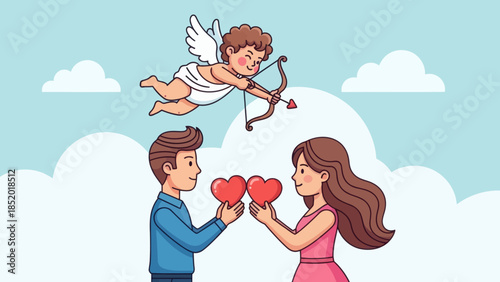 Cupid Shoots Arrow at Couple Holding Hearts on Valentines Day.
