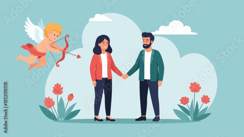 Cupid Shoots Arrow at Couple Holding Hands on Valentines Day.