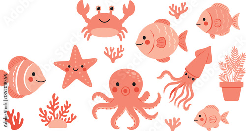 Flat Cartoon Underwater Sea Animals Vector Set for Kids Aquarium Ocean and Marine Designs