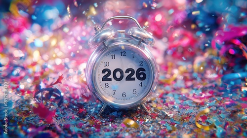Vintage Alarm Clock with 2026 Display on Confetti Background for New Year Celebrations