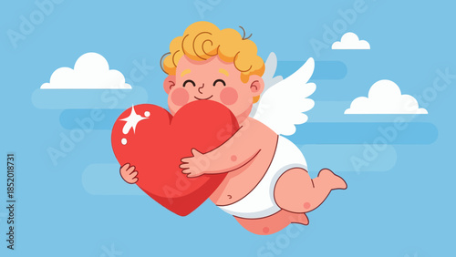 Cute Cupid Flying with a Big Red Heart in a Blue Sky.