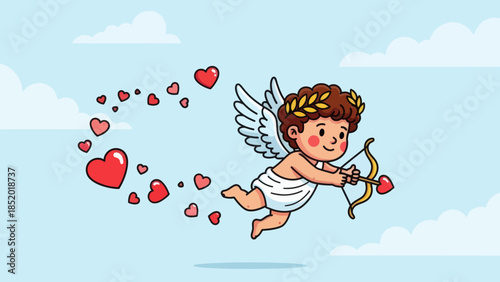 Cute Cupid Flying with Bow and Arrow Spreading Love Hearts in the Sky.
