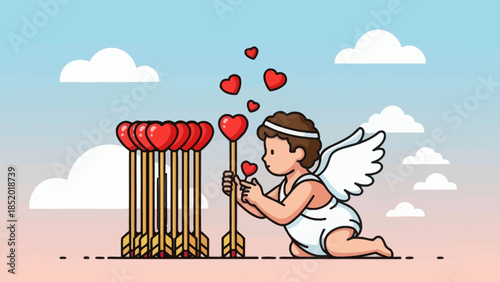 Cute Cupid Preparing Arrows for Valentines Day Celebration.