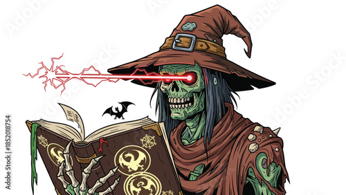 Undead zombie wizard with glowing red eyes shooting laser beams while reading from a large, ancient book of spells.