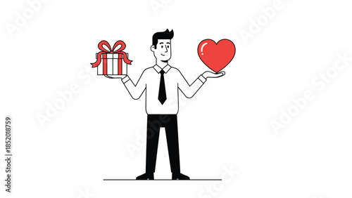A simple line art illustration of a businessman character balancing a gift box and a large red heart in his hands.