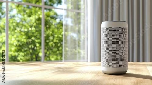 Modern wireless speaker on wooden table near bright window view
