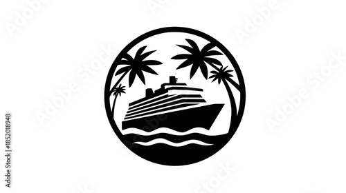 Tropical cruise ship with palm trees and ocean waves icon, representing a summer vacation and paradise travel