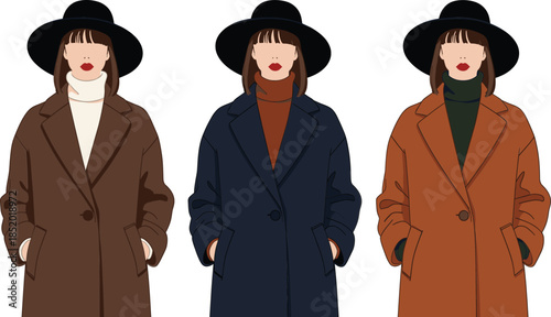 Flat Fashion Woman Vector Set Wearing Winter Coats and Hats for Modern Style Design