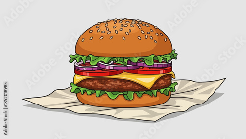 Delicious handdrawn hamburger with fresh ingredients.