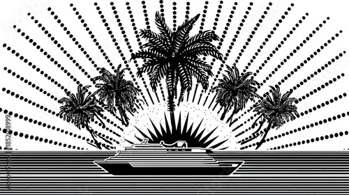 Elegant black and white vector illustration of a luxury yacht sailing past tropical palm trees with a stylized sunburst. Summer vacation graphic.