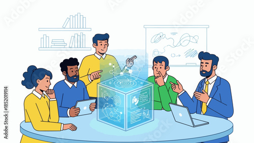 Diverse Business Team Collaborating on Blockchain Technology Project.