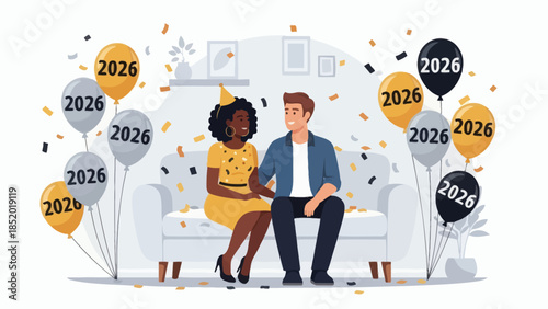 Diverse Couple Celebrating New Year 2026 with Balloons and Confetti.