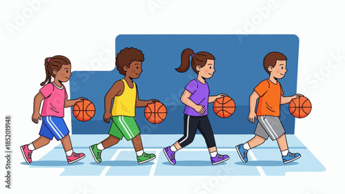 Diverse group of children dribbling basketballs on a court during a sports activity.