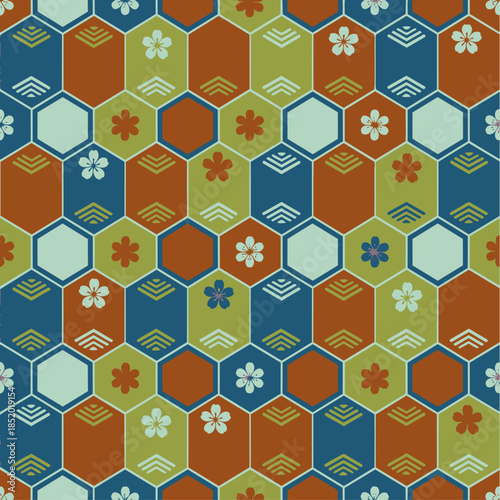 Mosaïque de hexagones multicolores au look rétro.