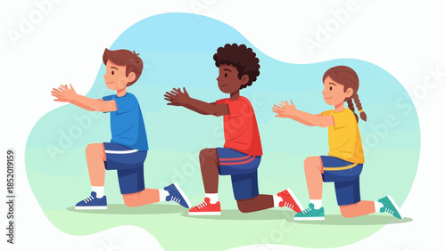 Diverse Group of Children Exercising Together Outdoors.