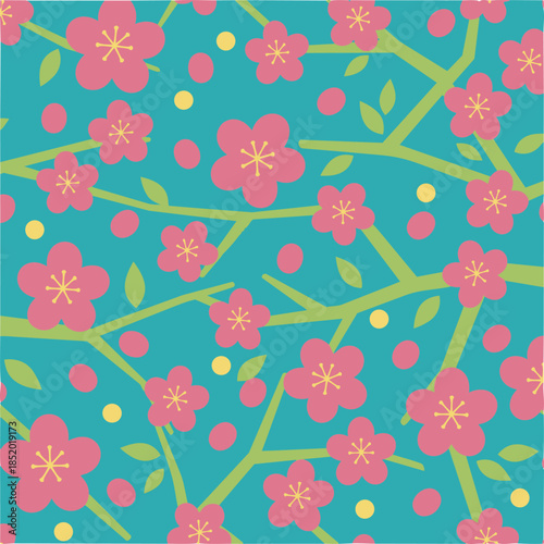 Fleurs de cerisier roses sur fond turquoise en style japonais.