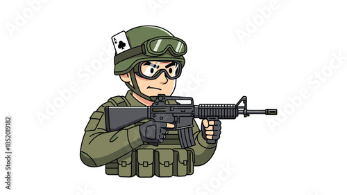 Cartoon soldier character in a helmet and combat gear, aiming an M16 rifle, with an ace of clubs card tucked in his helmet.