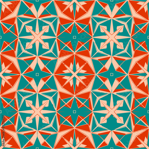 Losanges floraux alternés orange et turquoise en style rétro.