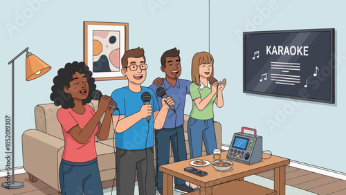 Diverse group of friends enjoying a lively karaoke night at home singing into microphones with lyrics displayed on a large screen.
