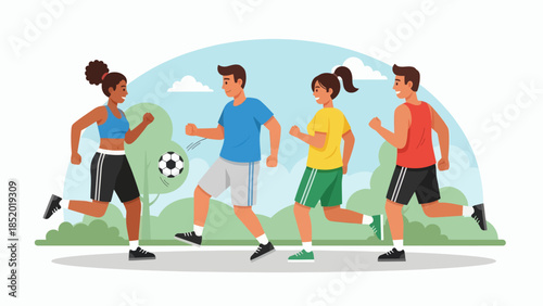 Diverse group of friends playing soccer in a park enjoying outdoor sports and active lifestyle.
