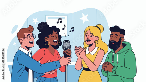 Diverse Group of Friends Enjoying Karaoke Night Together.
