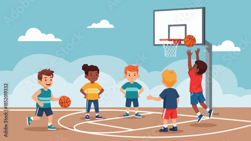 Diverse group of happy children playing basketball on an outdoor court under a blue sky with clouds.