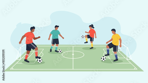 Diverse group of people playing soccer on a green field.