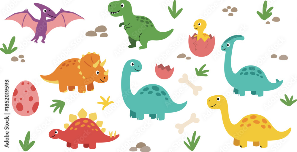 Fototapeta premium Colorful cartoon dinosaurs and plants on white background for kids