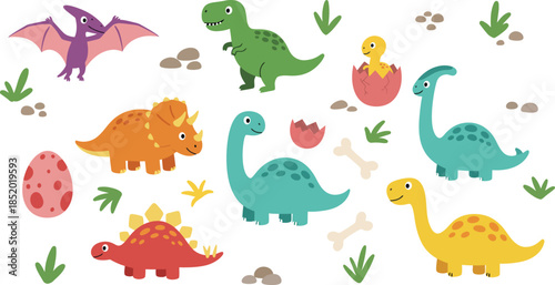 Colorful cartoon dinosaurs and plants on white background for kids