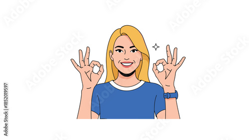 A happy, smiling young blonde woman in a blue shirt making the OK hand gesture with both hands to show approval.