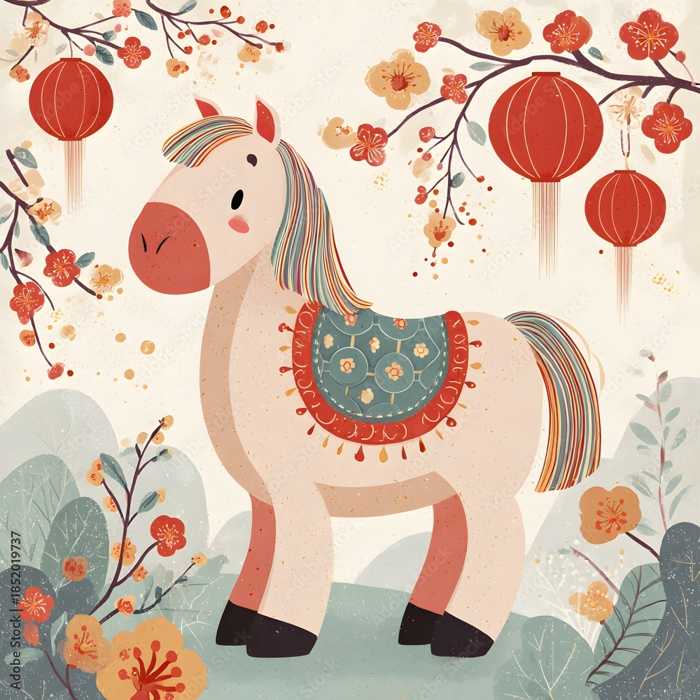 Fototapeta premium Cute illustrated horse zodiac for modern lunar new year greeting