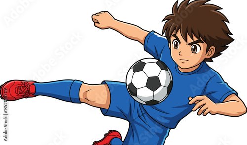 Anime style soccer player kicking ball, cartoon boy in blue jersey jumping to strike, vector illustration isolated on white, energetic kid sport action