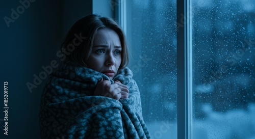 Woman wrapped in blanket looking contemplatively out the window in winter  