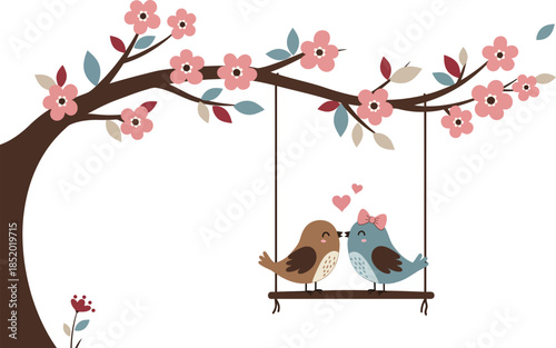 Two birds sitting on a swing under a blooming tree branch