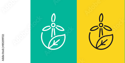 Minimalist graphic of a wind turbine and leaf representing sustainable and green energy