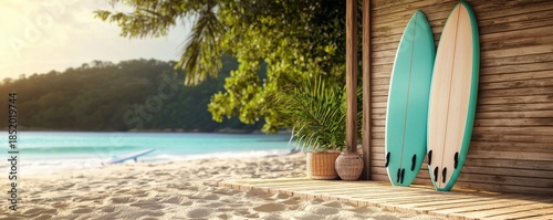 Serene Beach Scene with Surfboards and Tropical Coastal Landscape