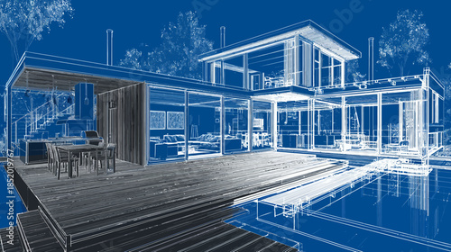 Modern luxury house design blueprint with swimming pool, wooden deck, and contemporary architecture illustration