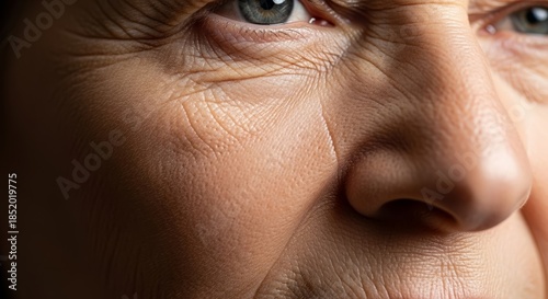 Close-up of elderly woman with textured skin and thoughtful expression  