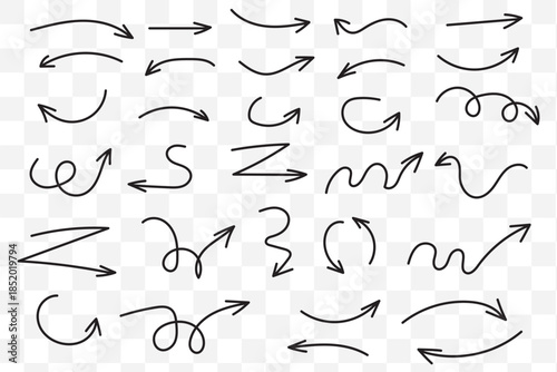 Hand drawn curved and straight arrow set. Black grunge sketch arrow collection. Doodle sketched pointers and direction lines. Wavy and zigzag brush stroke bundle for flyer, poster, brochure. Vector