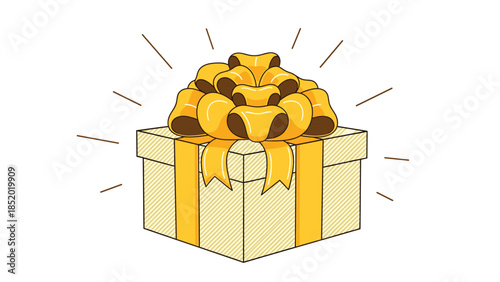 A beautifully wrapped gift box with a large, elaborate golden bow, with shining lines to indicate its special quality.
