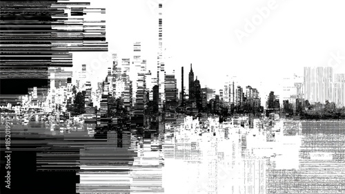 Glitchy cityscape with distorted skyscrapers and water reflection