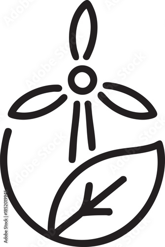 Minimalist graphic of a wind turbine and leaf representing sustainable and green energy