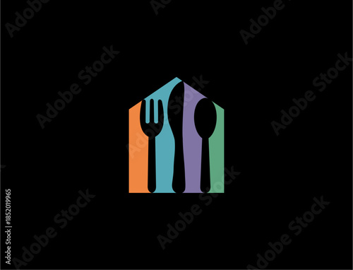 Colorful utensil logo on black background