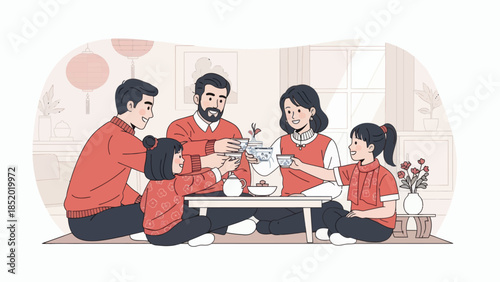 Family celebrating Chinese New Year with traditional tea ceremony.