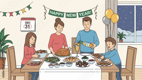 Family celebrating New Years Eve dinner at home.