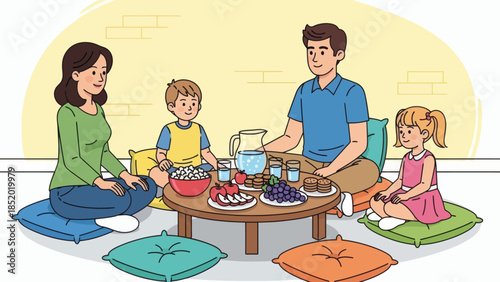 Family enjoying a picnic indoors with healthy food and drinks.
