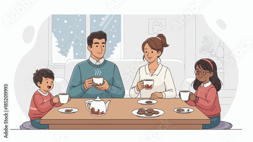 Family enjoying hot drinks and cookies at home during winter.