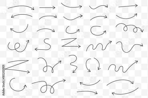 Hand drawn curved and straight arrow set. Black grunge sketch arrow collection. Doodle sketched pointers and direction lines. Wavy and zigzag brush stroke bundle for flyer, poster, brochure. Vector
