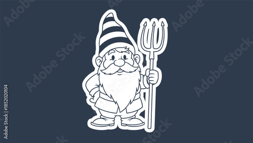A simple black and white sticker-style illustration of a garden gnome with a pointy hat and a beard, holding a pitchfork.